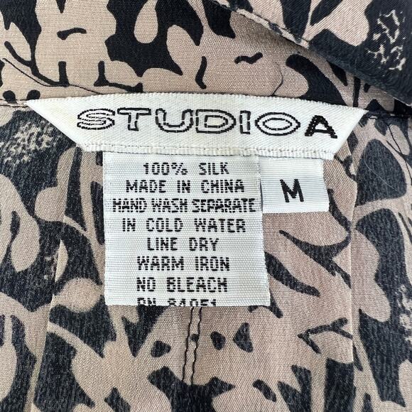 Vintage STUDIO A Tan & Black Floral 100% Silk Long Sleeve Blouse VTG Button-Up M - Picture 7 of 7